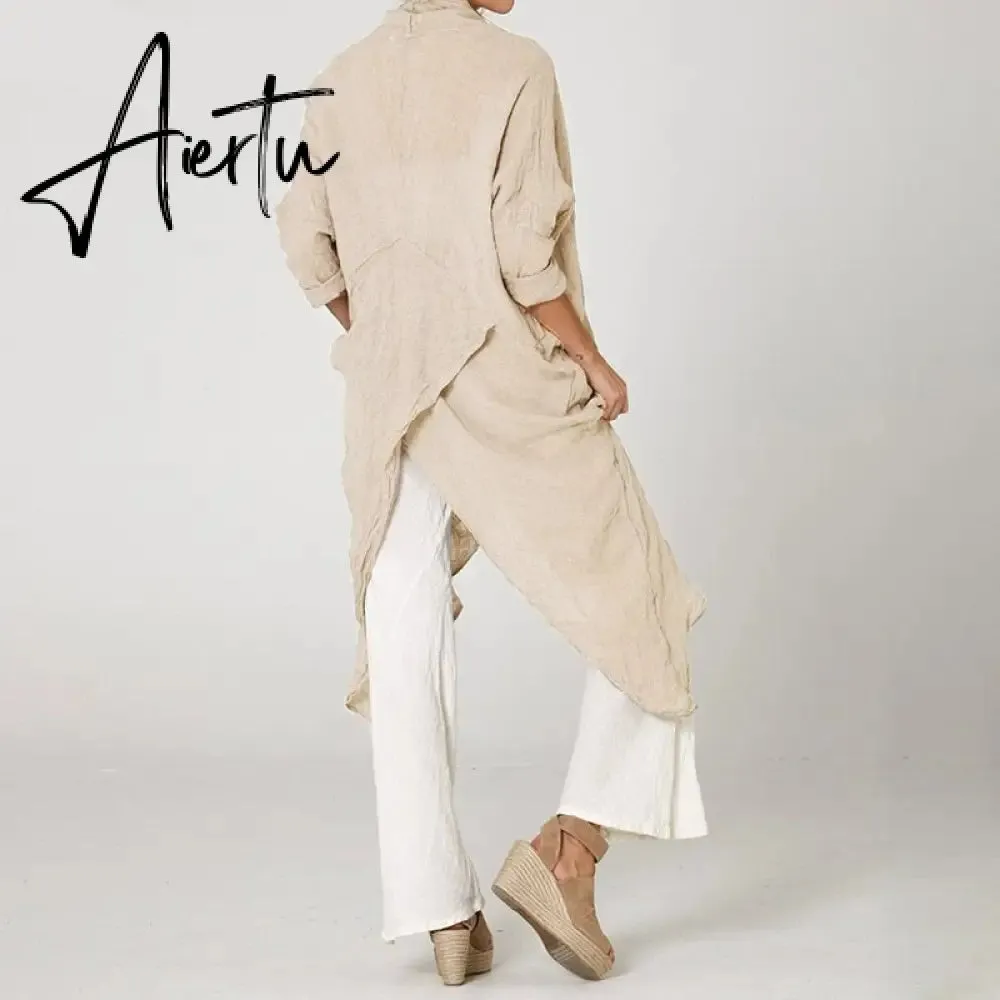 Aiertu  Women Tops Vintage Solid Blouses Summer Fashion Long Shirts Casual Cowl Neck Long Sleeve Asymmetrical Party Blusas