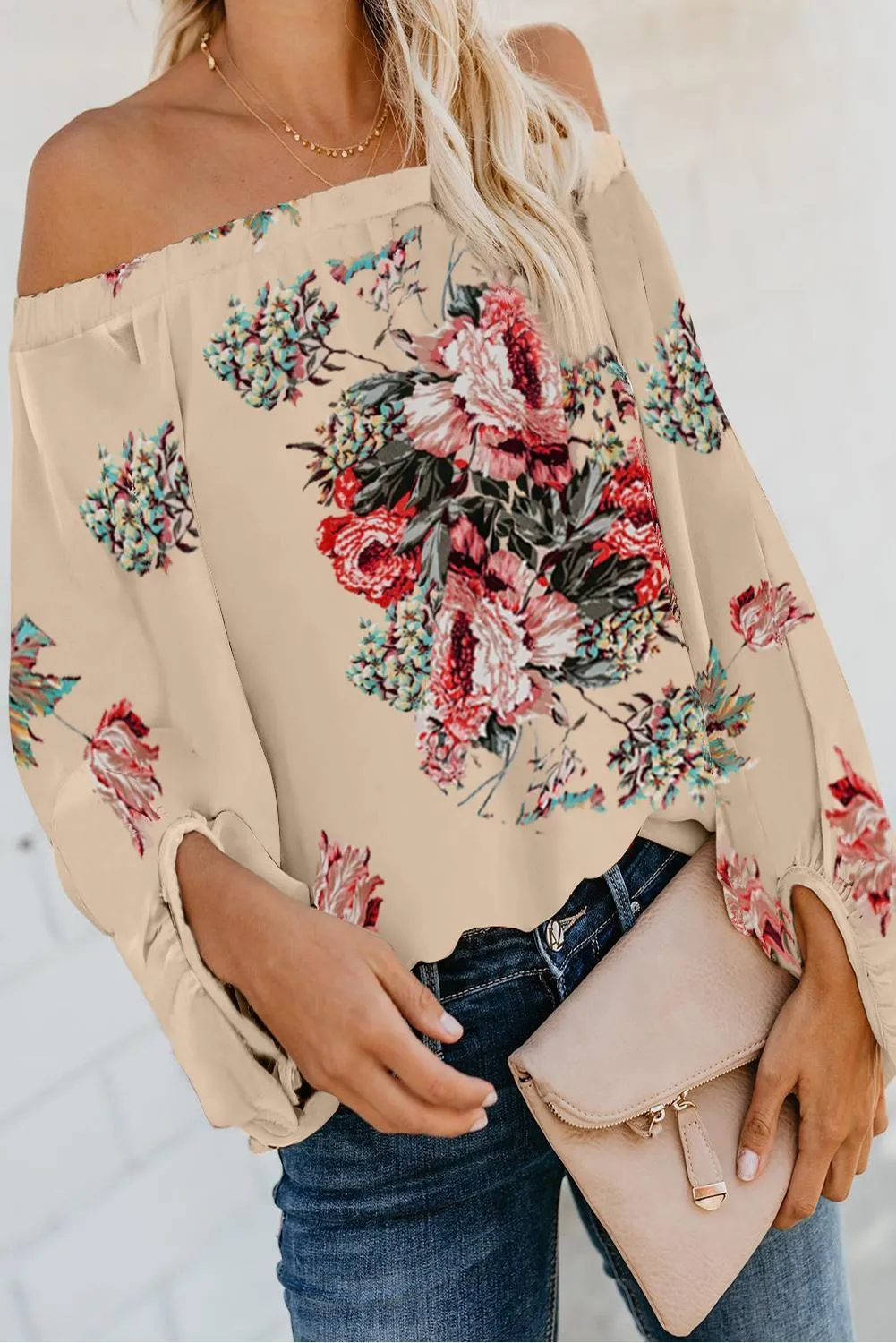 Apricot Floral Print Off The Shoulder Top