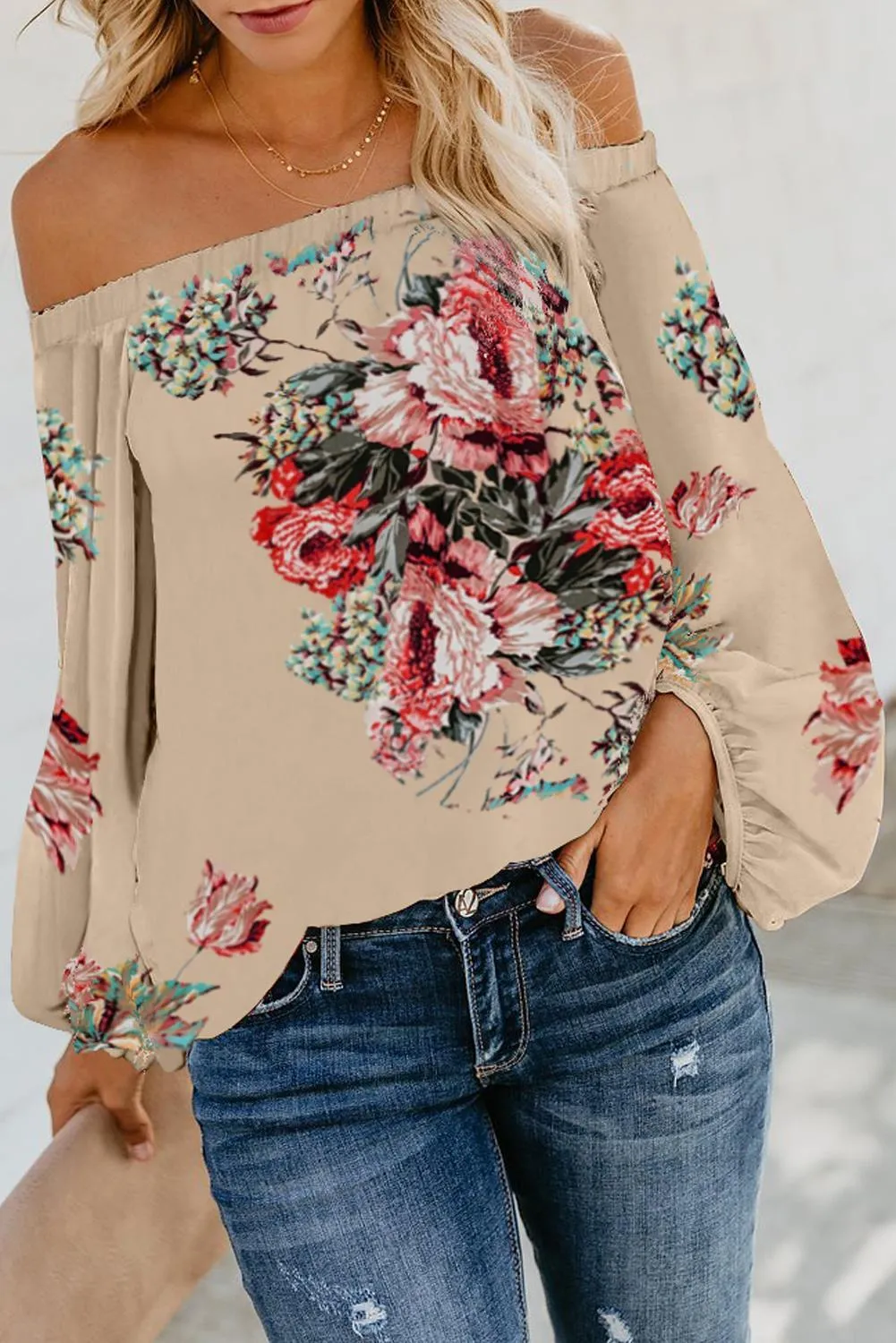 Apricot Floral Print Off The Shoulder Top