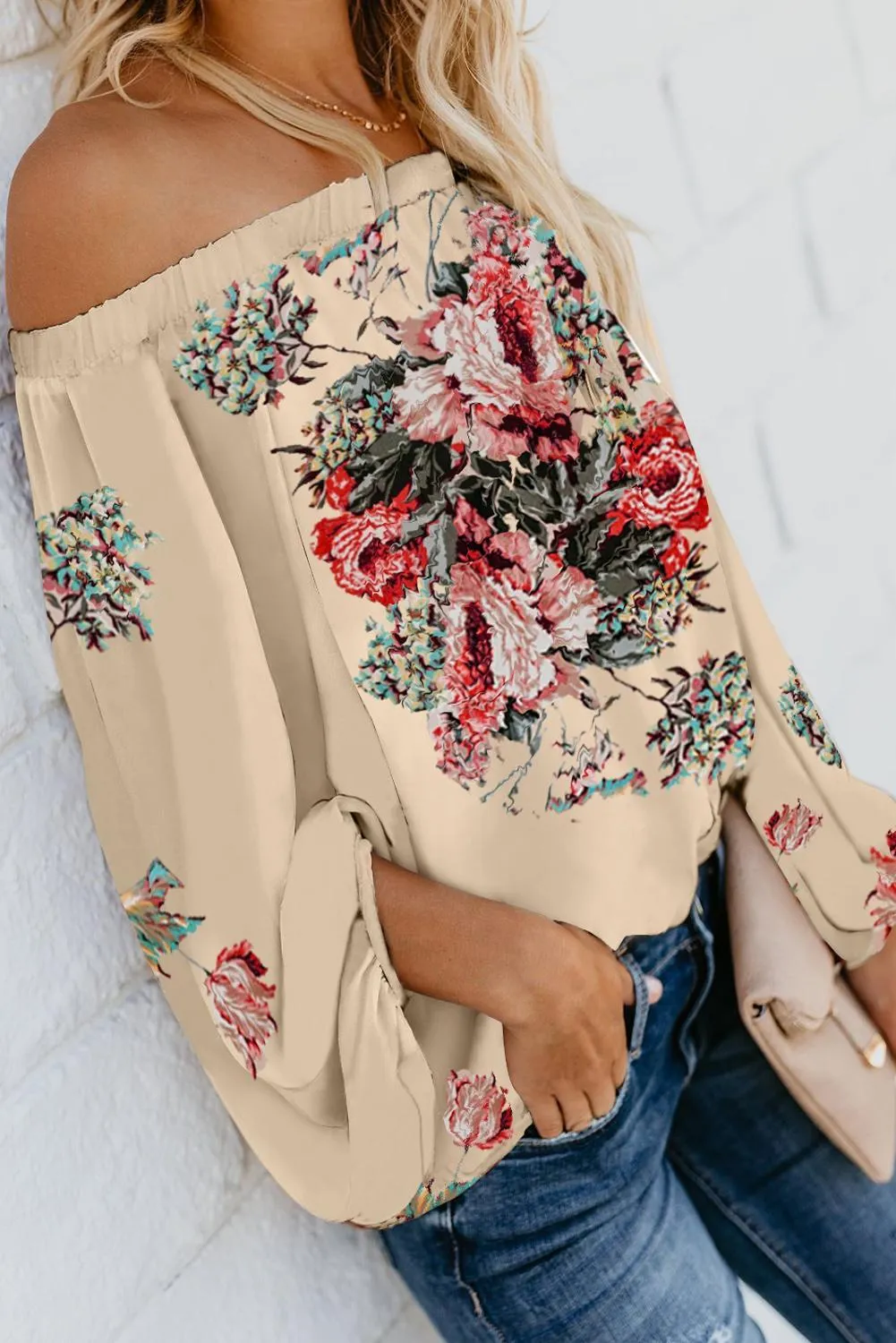 Apricot Floral Print Off The Shoulder Top