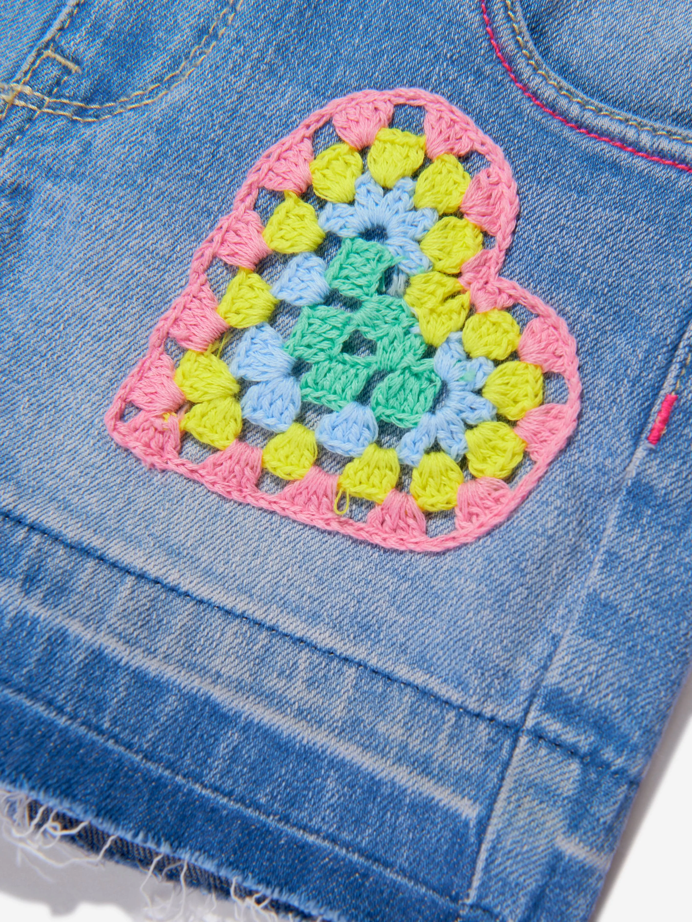 Billieblush Girls Crocheted Heart Denim Shorts in Blue