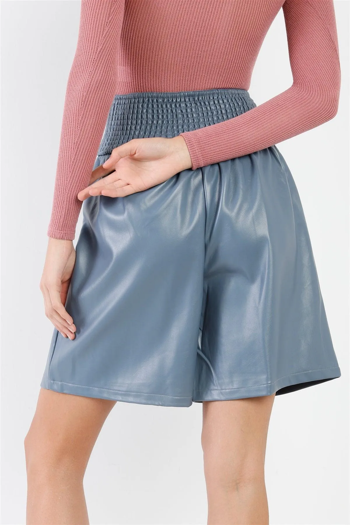 Blue Faux Leather High Waist Bermuda Shorts /3-2-1