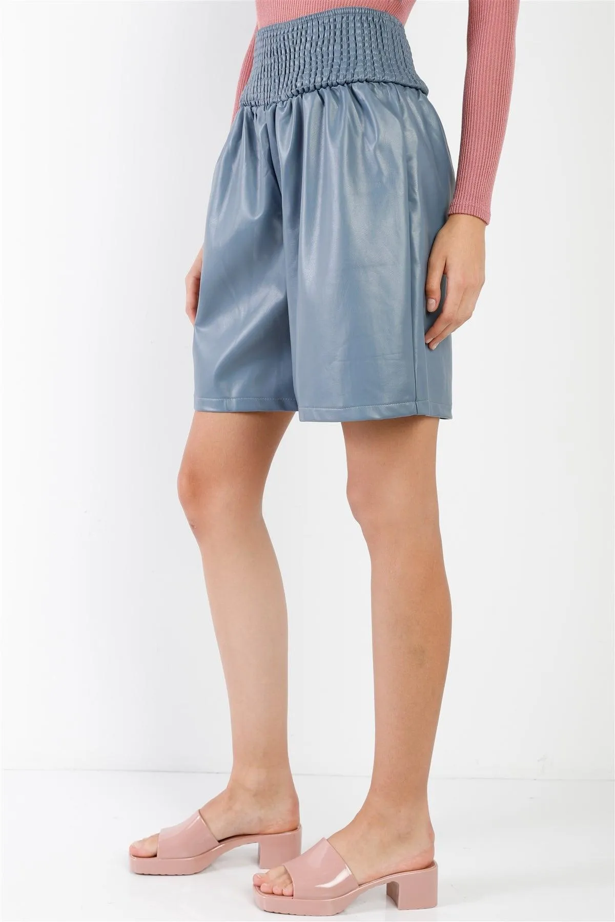 Blue Faux Leather High Waist Bermuda Shorts /3-2-1