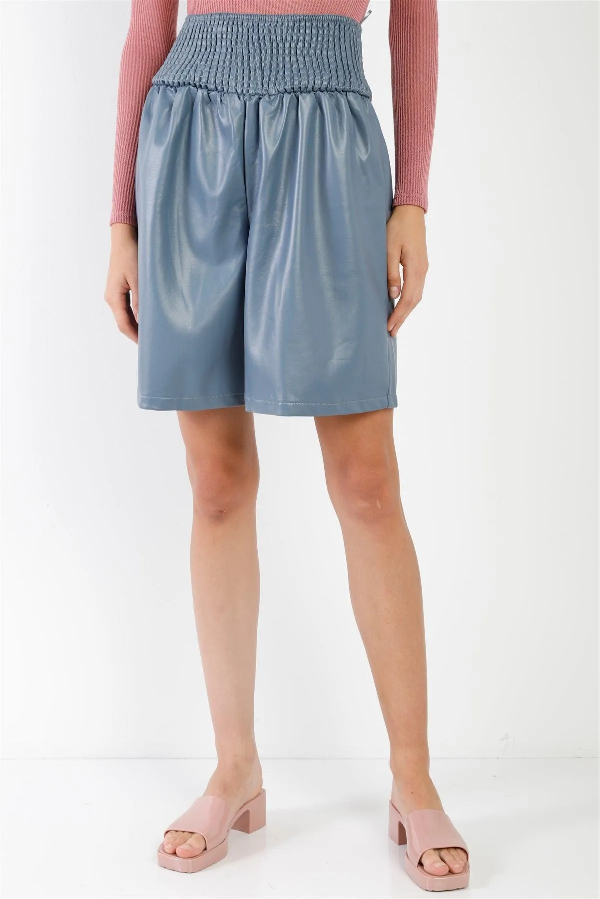 Blue Faux Leather High Waist Bermuda Shorts /3-2-1