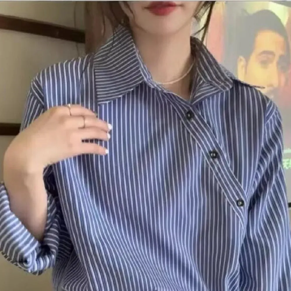 Blue Striped Off Shoulder Loose Blouse with Sexy Lapel