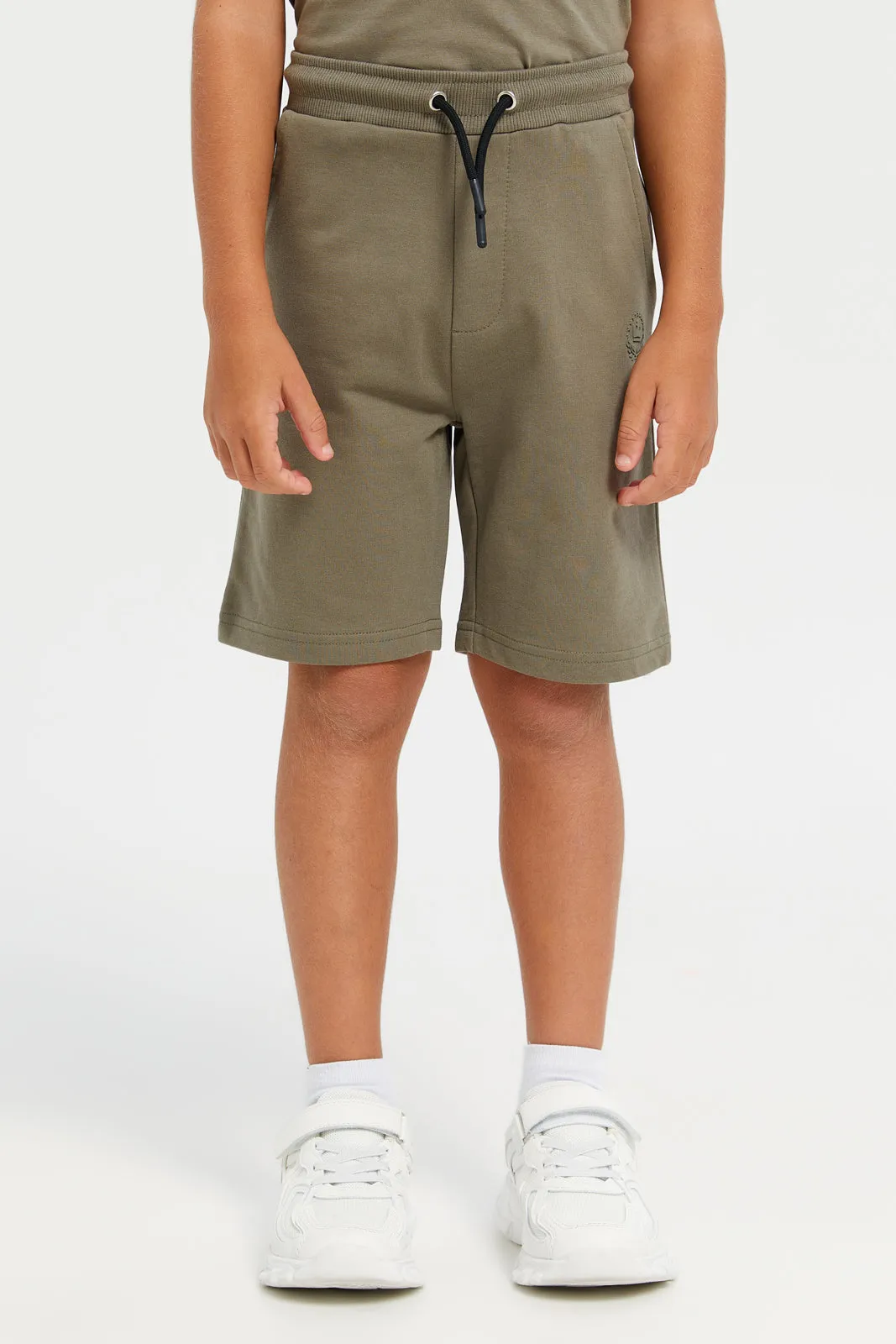 Boys Beige And Olive Active Shorts Set (2 Piece)