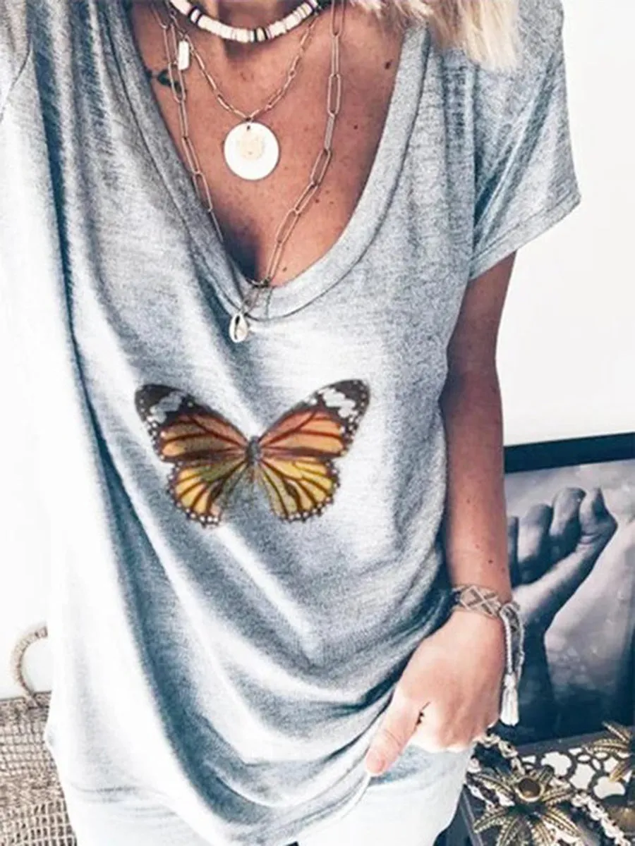 Butterfly Gray Casual V Neck Tops