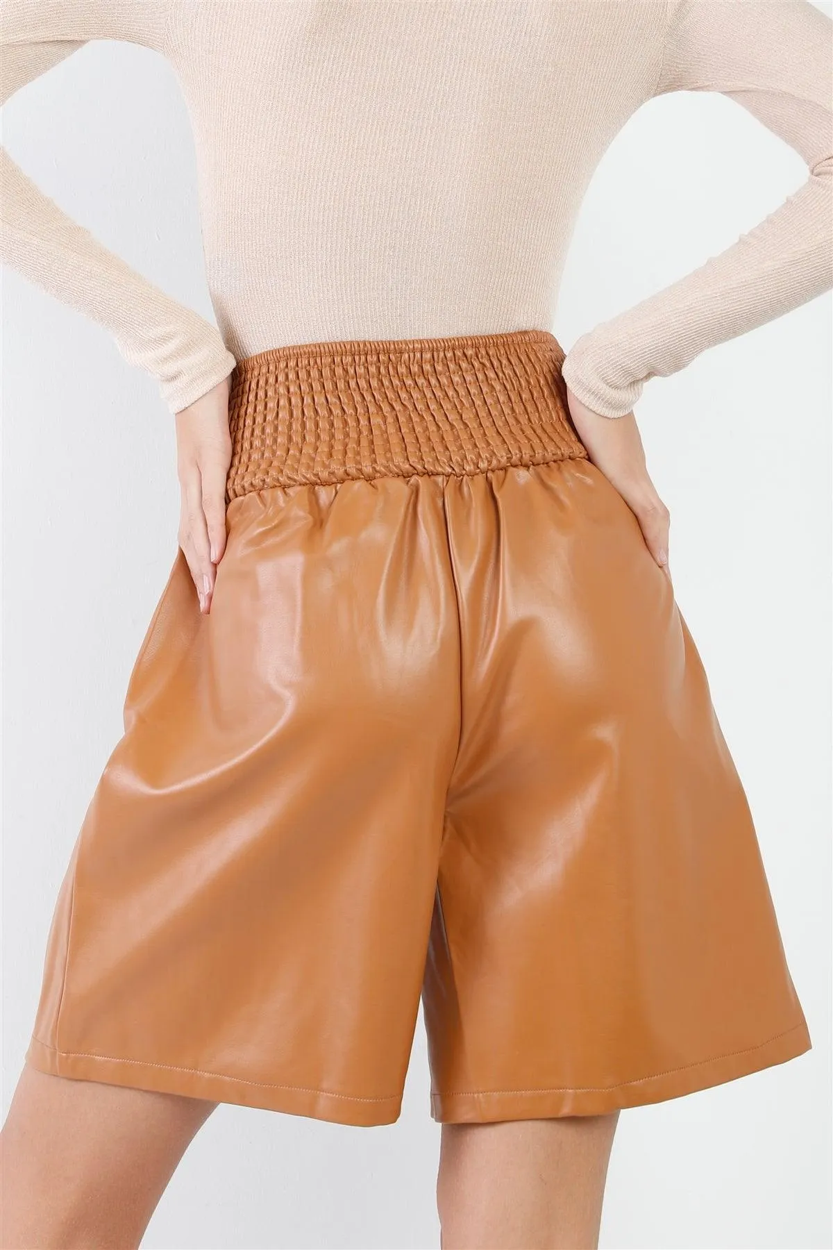 Camel Faux Leather High Waist Bermuda Shorts /3-2-1