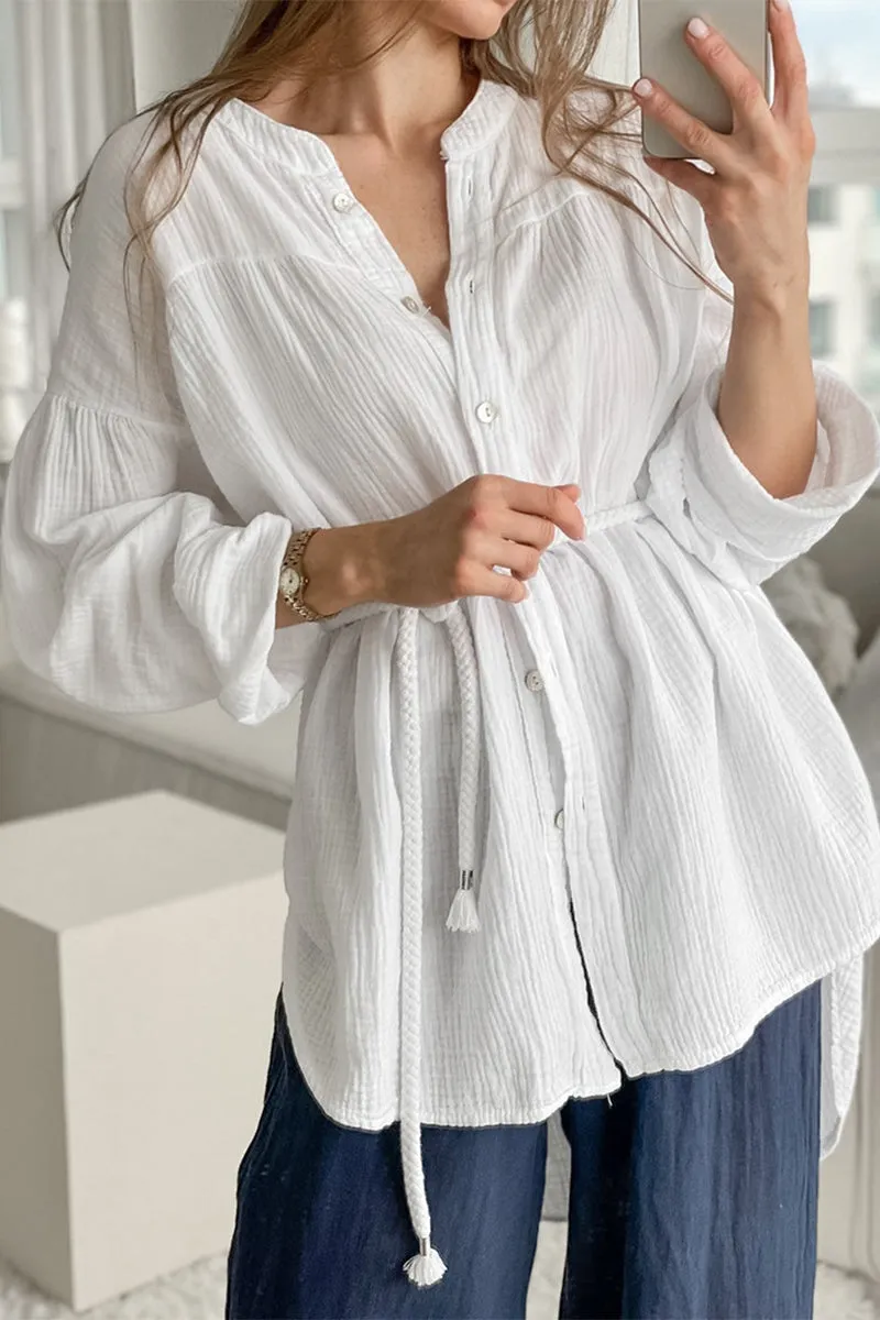 Casual Lace Up Buttons O Neck Blouses