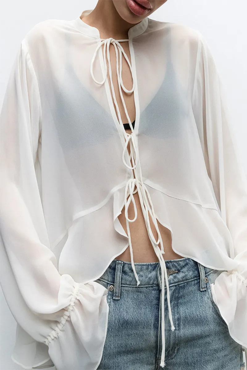 Casual Lace Up See-Through Mandarin Collar Blouses