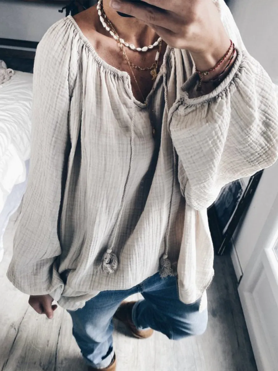 Casual Lace-up Solid Color Blouses