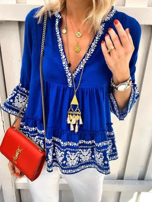 Casual V-Neck Print Top