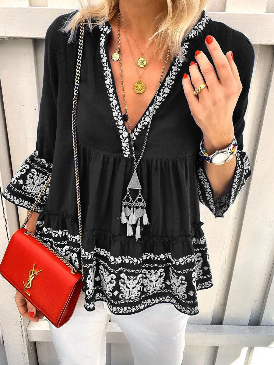 Casual V-Neck Print Top