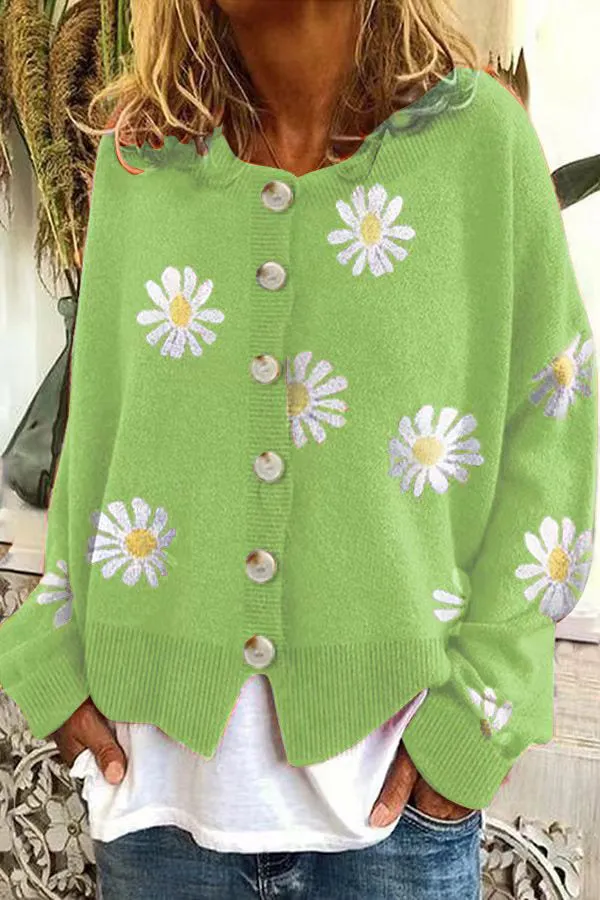 Chrysanthemum Embroidery Knitting Button Down Cardigan Coats