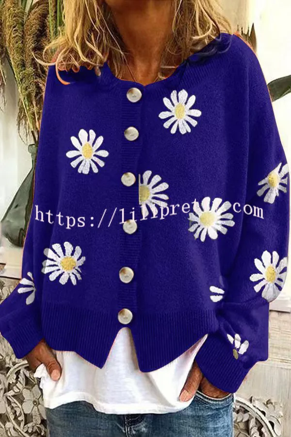 Chrysanthemum Embroidery Knitting Button Down Cardigan Coats