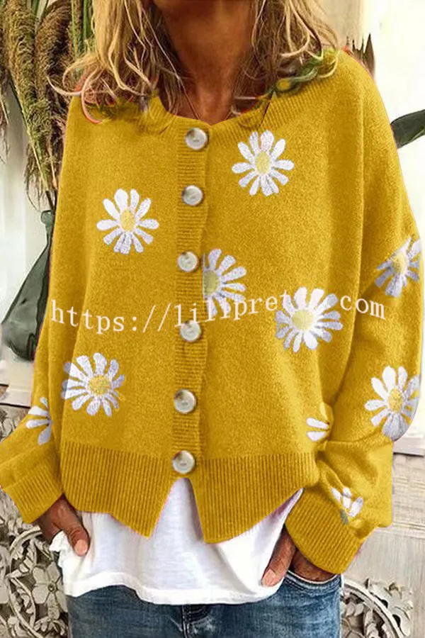 Chrysanthemum Embroidery Knitting Button Down Cardigan Coats