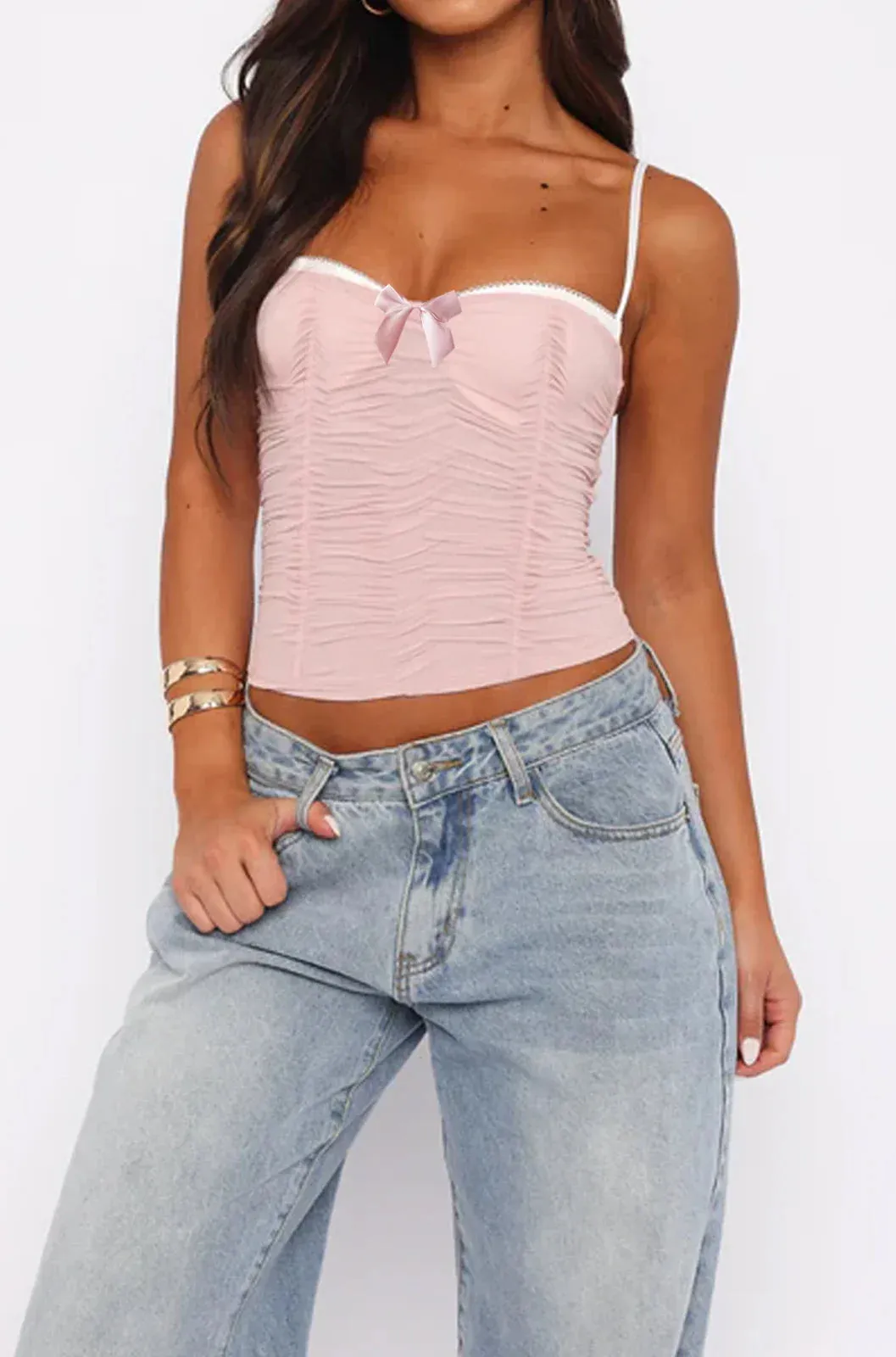 Color Block Ruched Lace See Through Camisoles Spaghetti Strap Crop Sheer Top