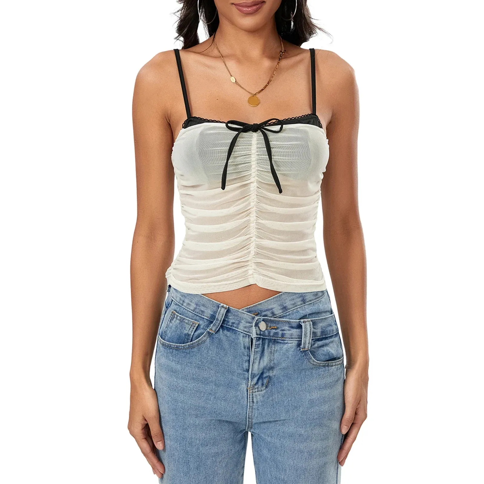 Color Block Ruched Lace See Through Camisoles Spaghetti Strap Crop Sheer Top