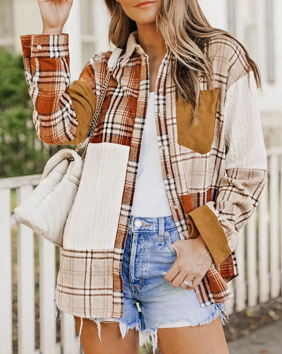 Colorblock Plaid Cable Pocketed Shacket