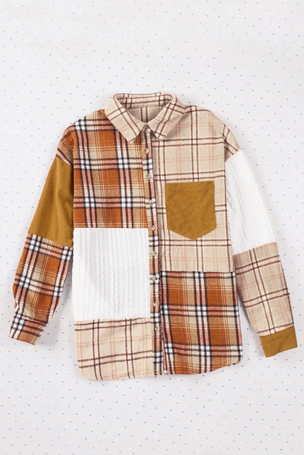 Colorblock Plaid Cable Pocketed Shacket