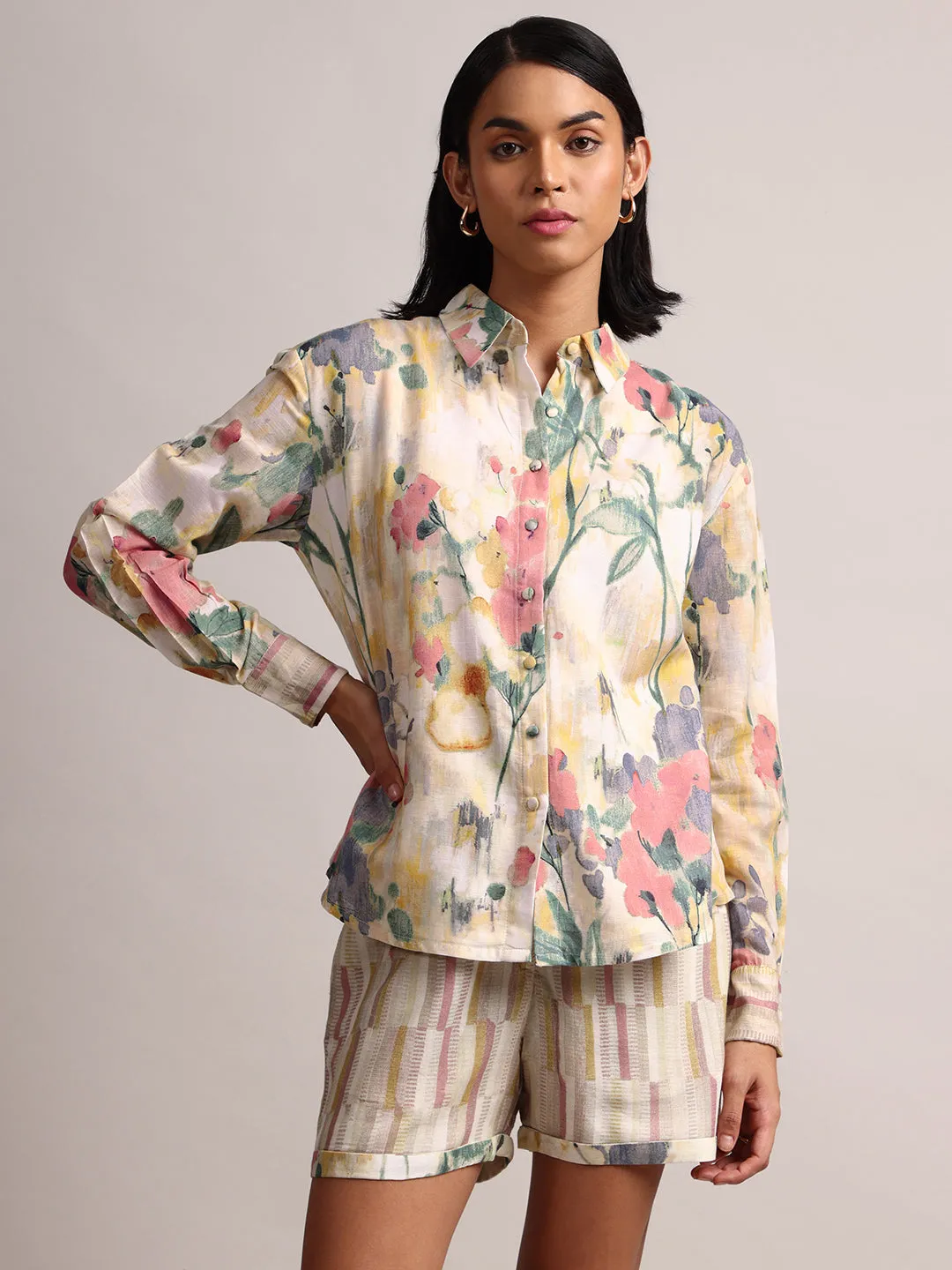 Cream Cotton Linen Floral Shirt Co-Ord Set