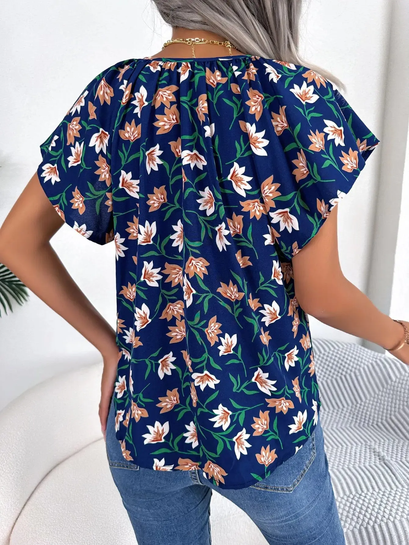 Crew Drawstring Casual Summer Short Floral Print Spring Neck Sleeve Blouse