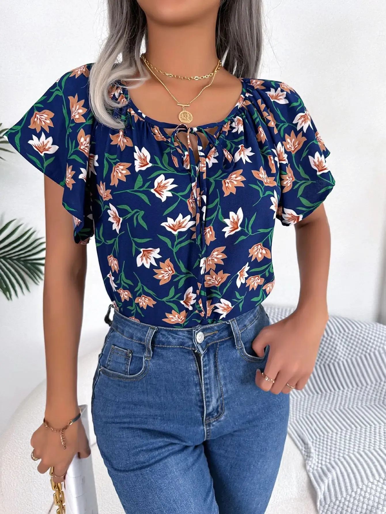 Crew Drawstring Casual Summer Short Floral Print Spring Neck Sleeve Blouse