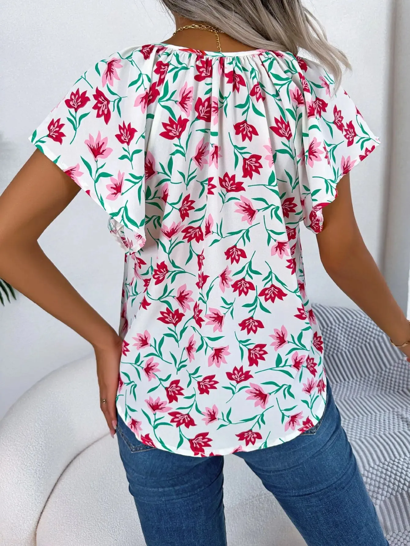 Crew Drawstring Casual Summer Short Floral Print Spring Neck Sleeve Blouse