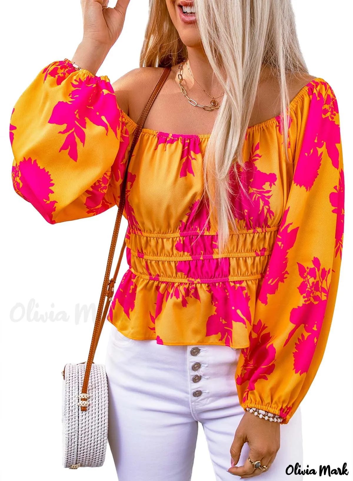 Deanwangkt - Yellow Floral Print Off Shoulder Puff Sleeve Blouse