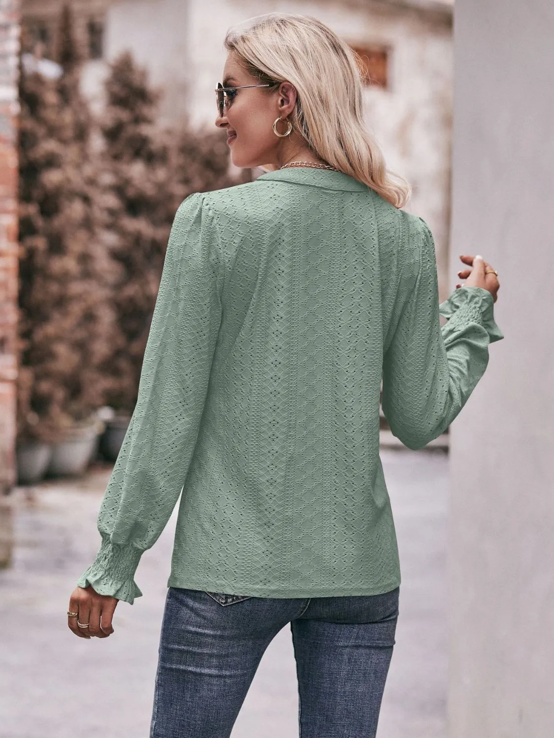 Eyelet Notched Neck Flounce Sleeve Blouse