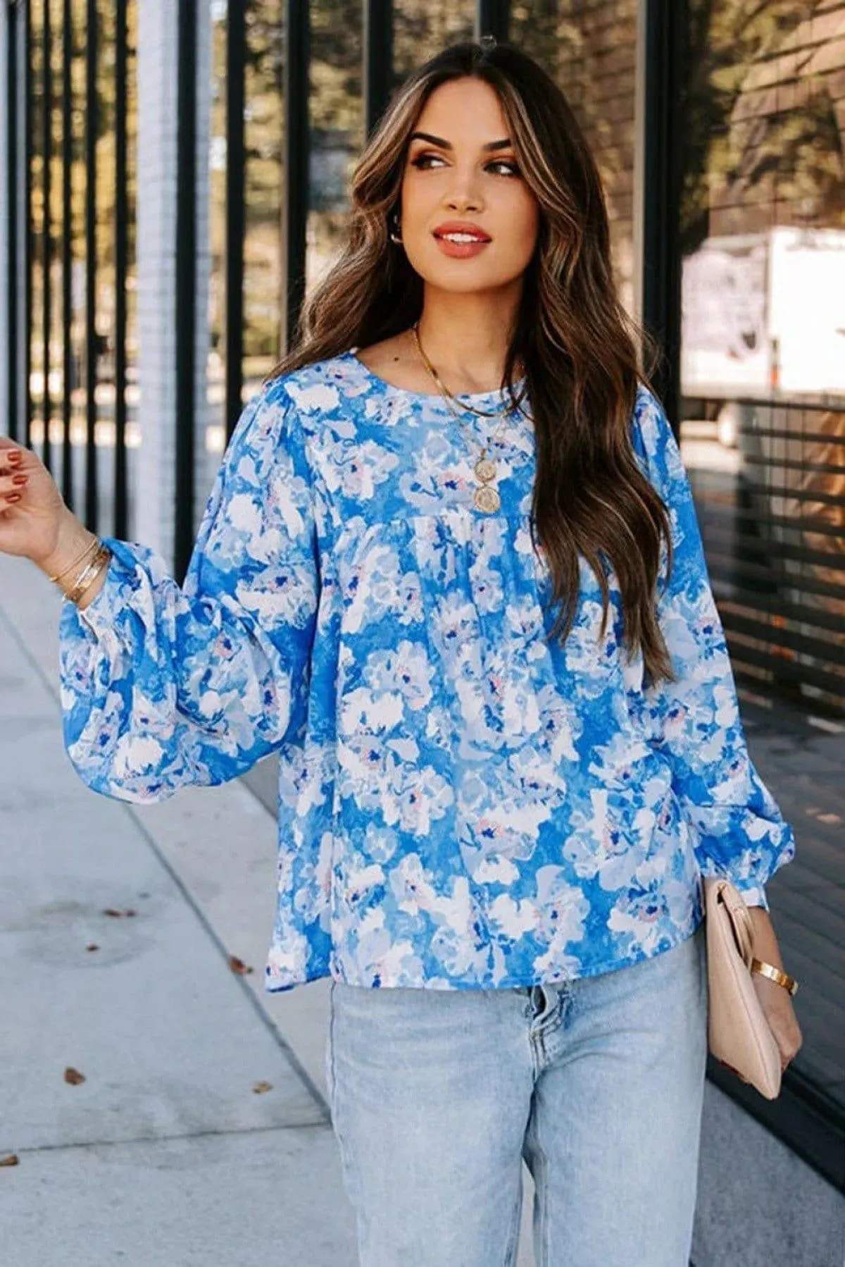 Floral Print Puffy Sleeve Babydoll Blouse Blue