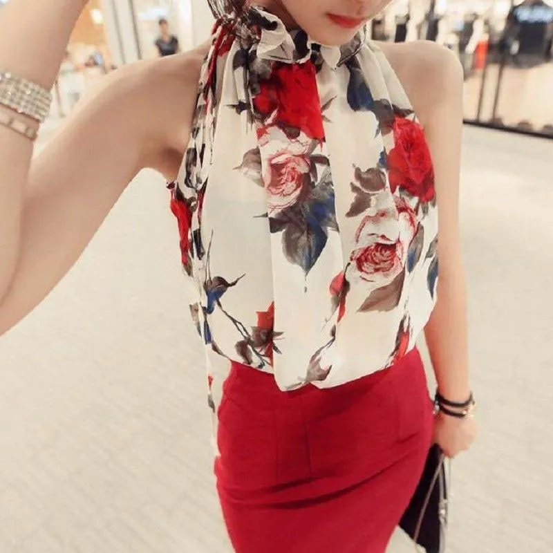 Floral Print Sleeveless Tops Loose Female Casual Blouses