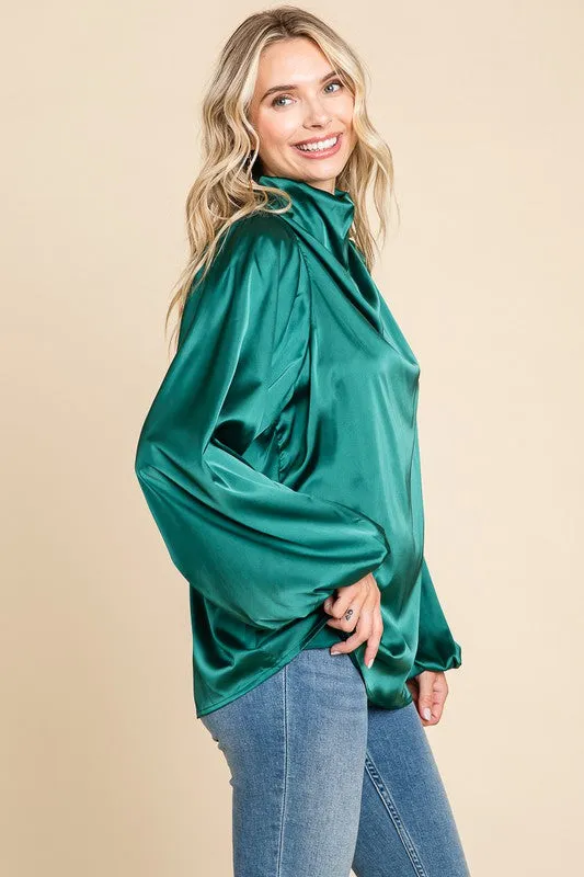 Green Cowl Neck Long Sleeve Satin Blouse Top