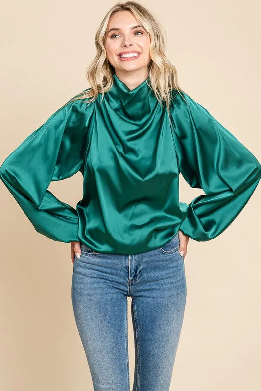 Green Cowl Neck Long Sleeve Satin Blouse Top