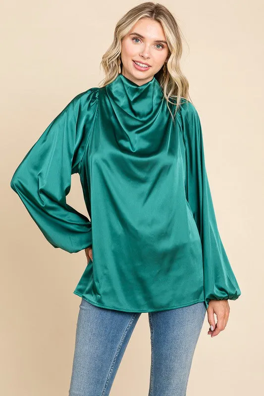 Green Cowl Neck Long Sleeve Satin Blouse Top