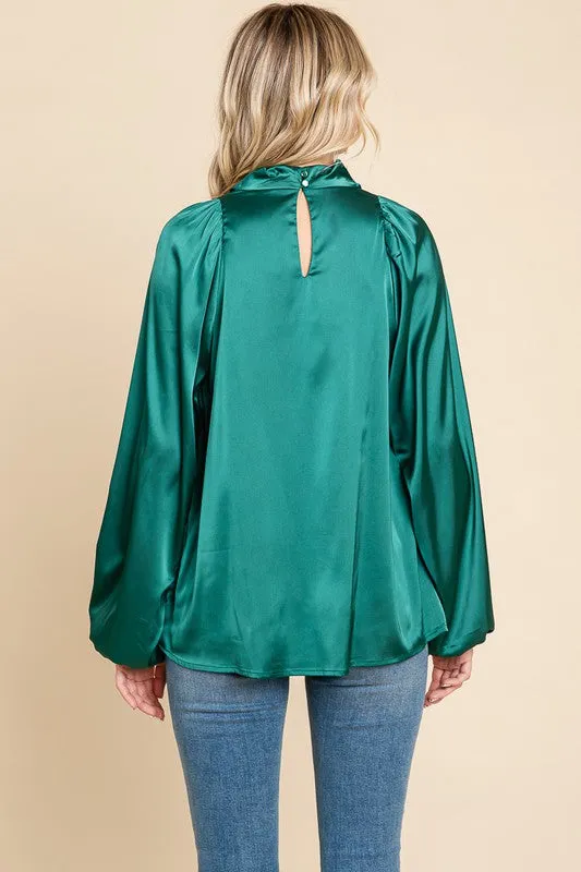 Green Cowl Neck Long Sleeve Satin Blouse Top