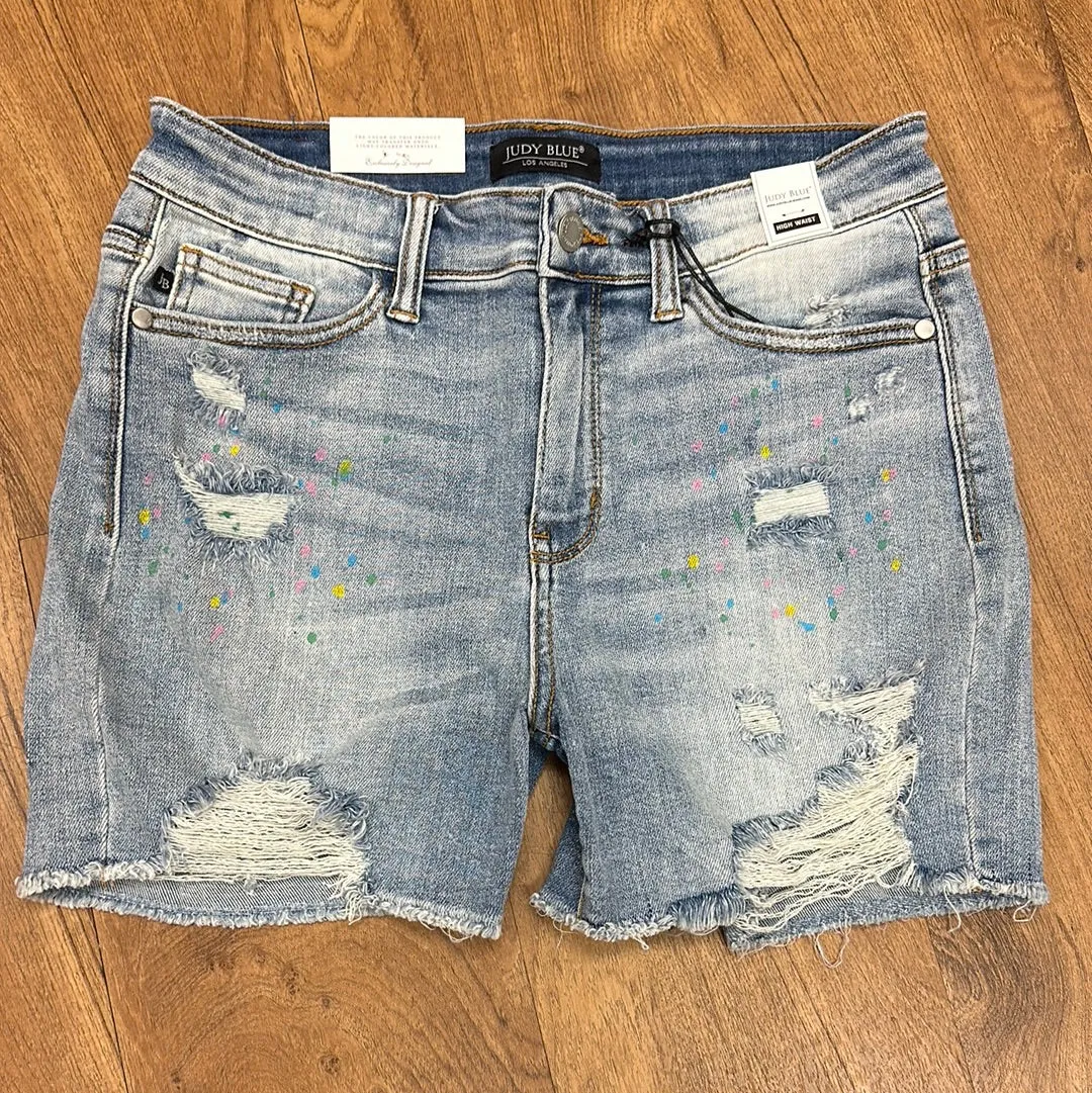 Judy Blue High Waist Distressed Confetti Paint Splatter Shorts