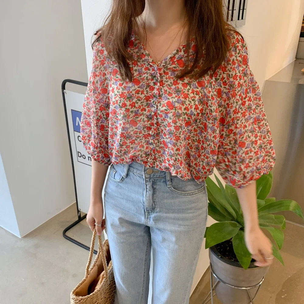 [Korean Style] 2 Colors Floral Casual  Blouses