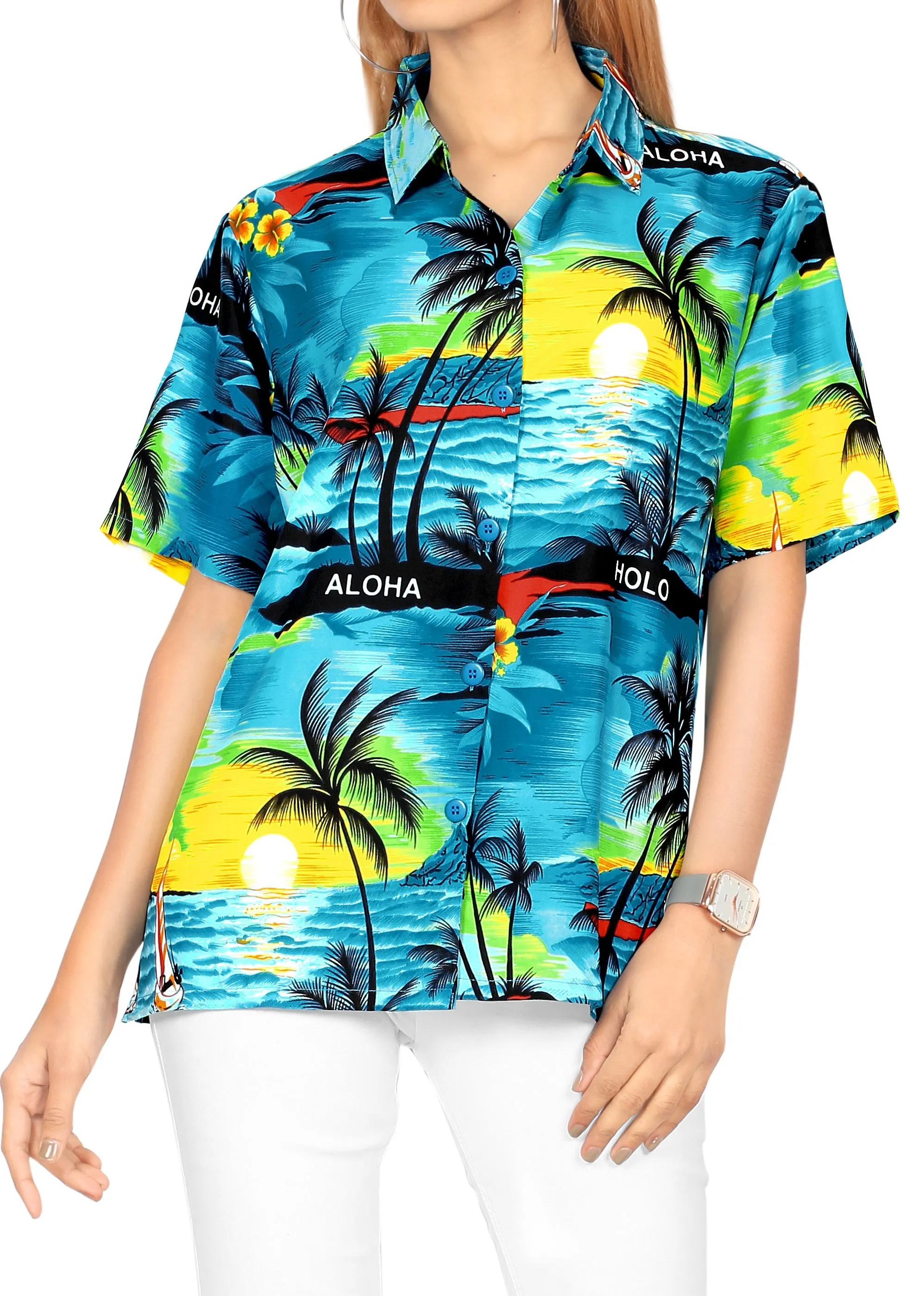 LA LEELA Women's Beachy Hawaiian Blouse Swim Summer Wear Short Sleeve Collar Shirt Teal Blue