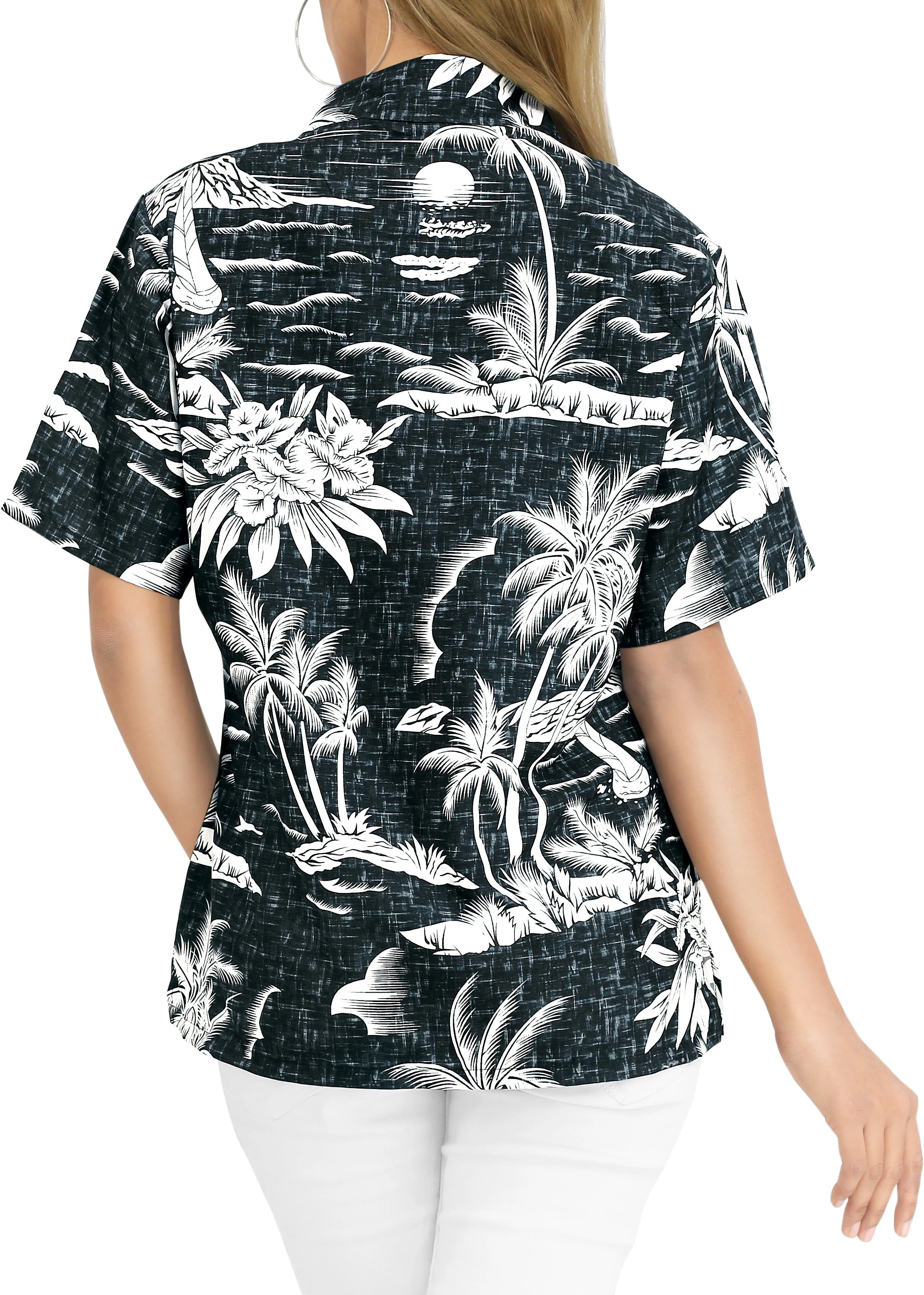 LA LEELA Women's Beachy Tropical Hawaiian Blouse Shirt Breezy Summer Wear Short Sleeve Collar Shirt Black