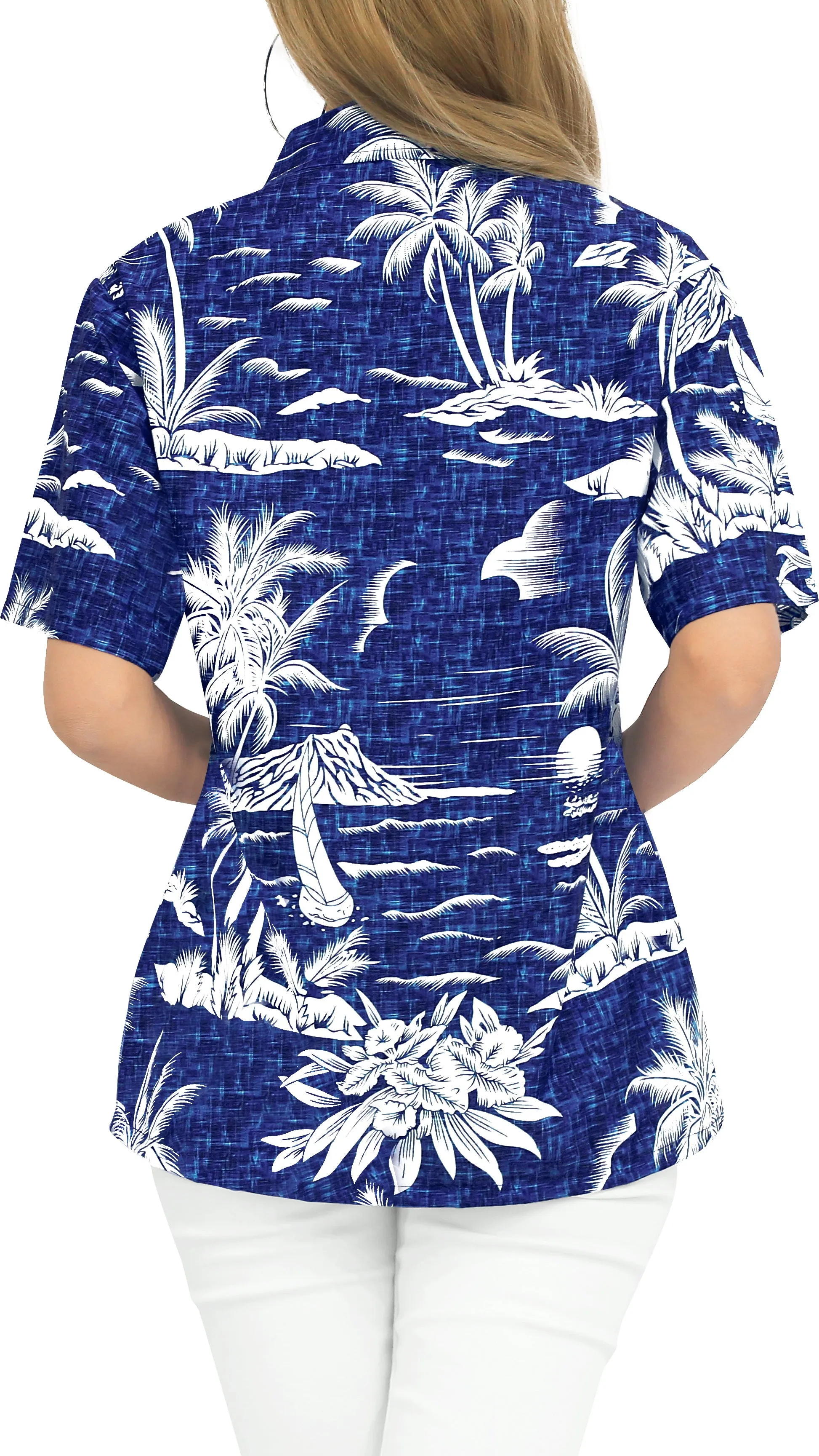 LA LEELA Women's Beachy Tropical Hawaiian Blouse Shirt Breezy Summer Wear Short Sleeve Collar Shirt Royal Blue