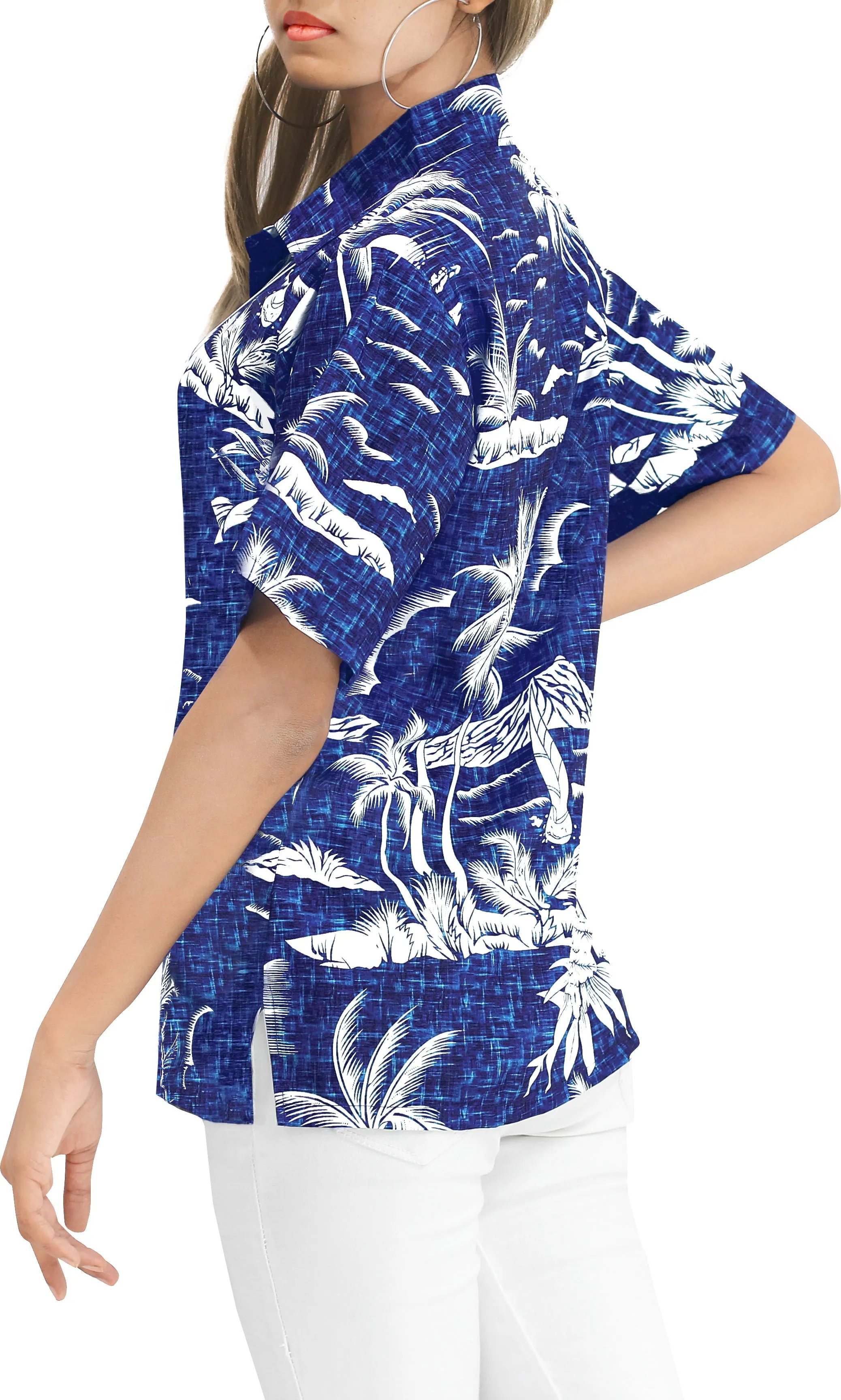 LA LEELA Women's Beachy Tropical Hawaiian Blouse Shirt Breezy Summer Wear Short Sleeve Collar Shirt Royal Blue