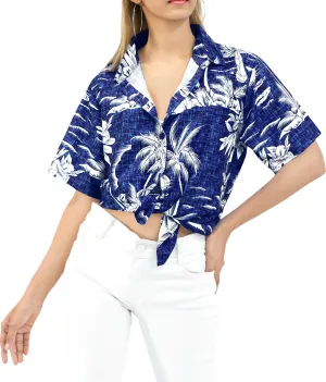 LA LEELA Women's Beachy Tropical Hawaiian Blouse Shirt Breezy Summer Wear Short Sleeve Collar Shirt Royal Blue