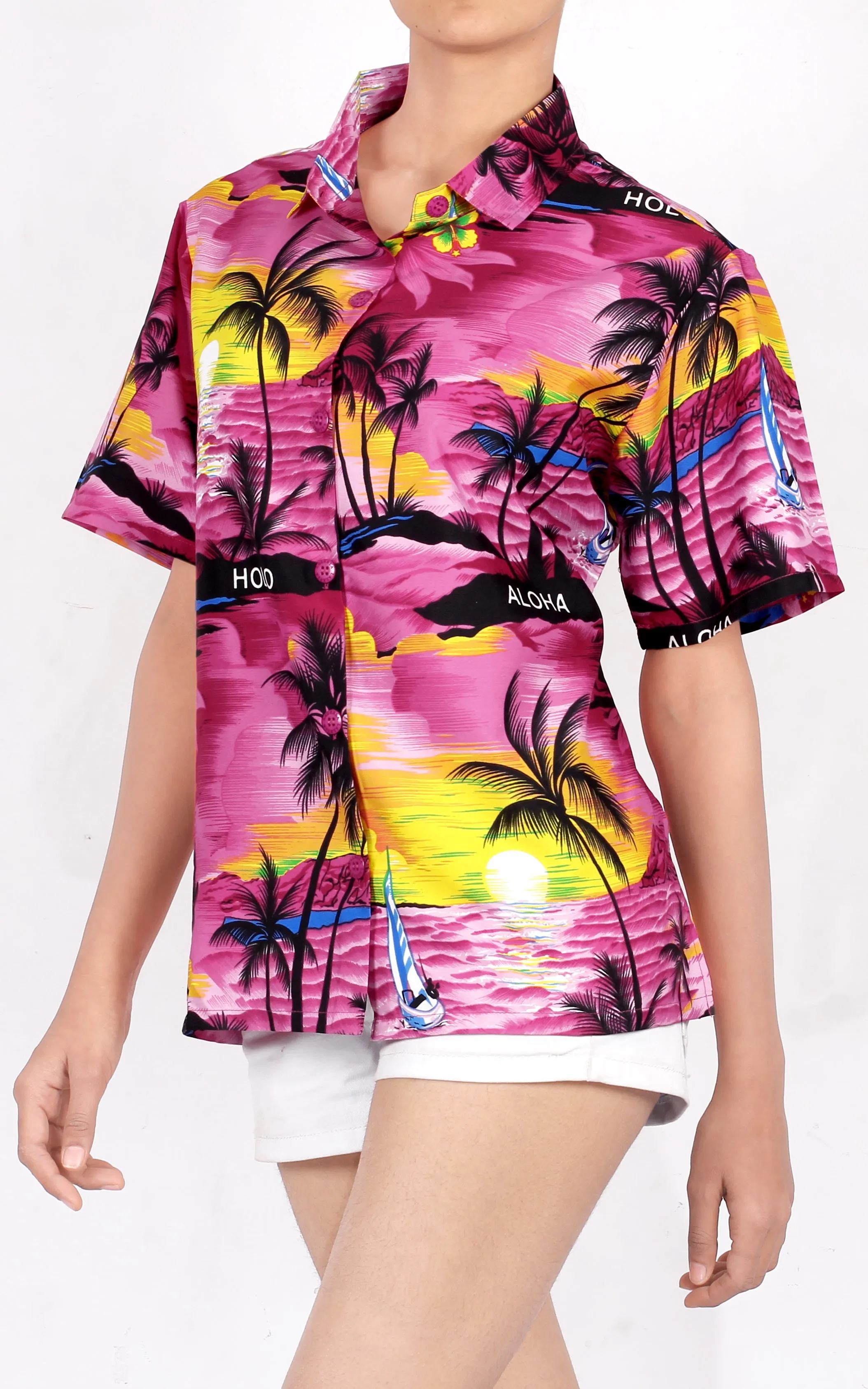 LA LEELA Women's Printed Tropical Hawaiian Blouse Summer Wear Short Sleeve Collar Shirt Beachy Pink