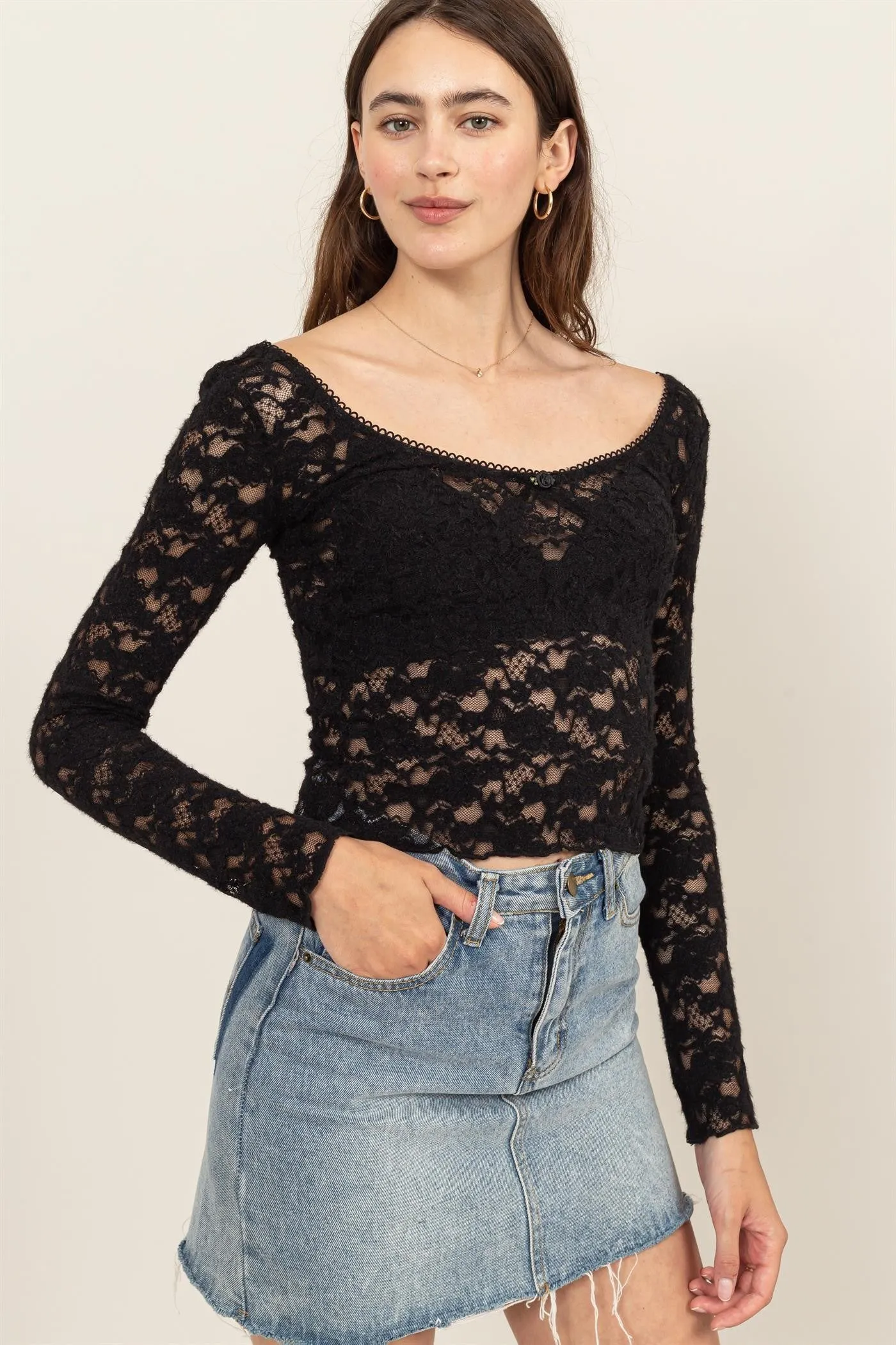 Lace Long Sleeve Bustier Top