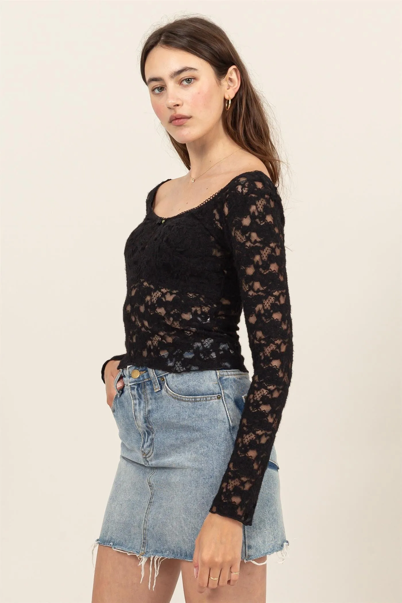 Lace Long Sleeve Bustier Top