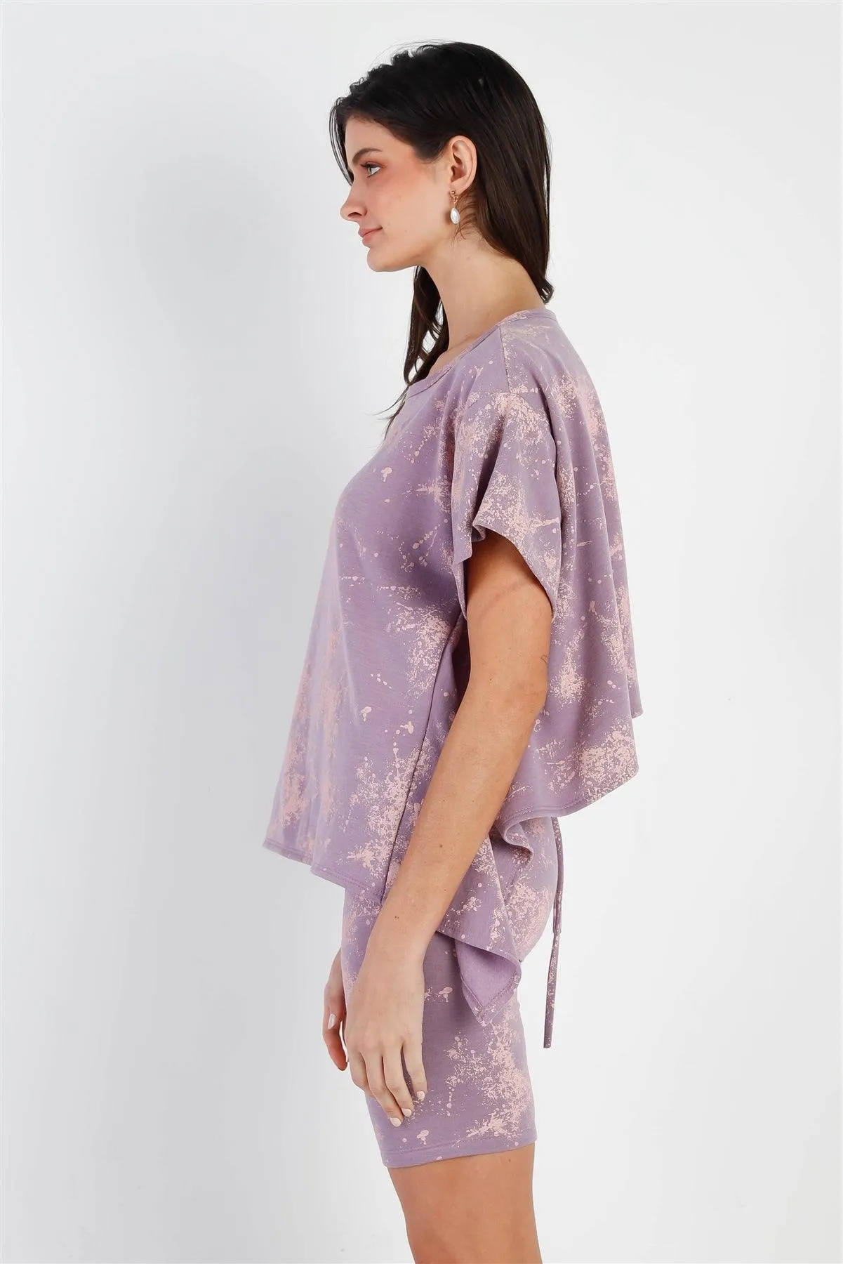 Lavender Splattered Paint Fleece Uneven Length Back Tie Detail Top & Biker Short Set /2-2-2