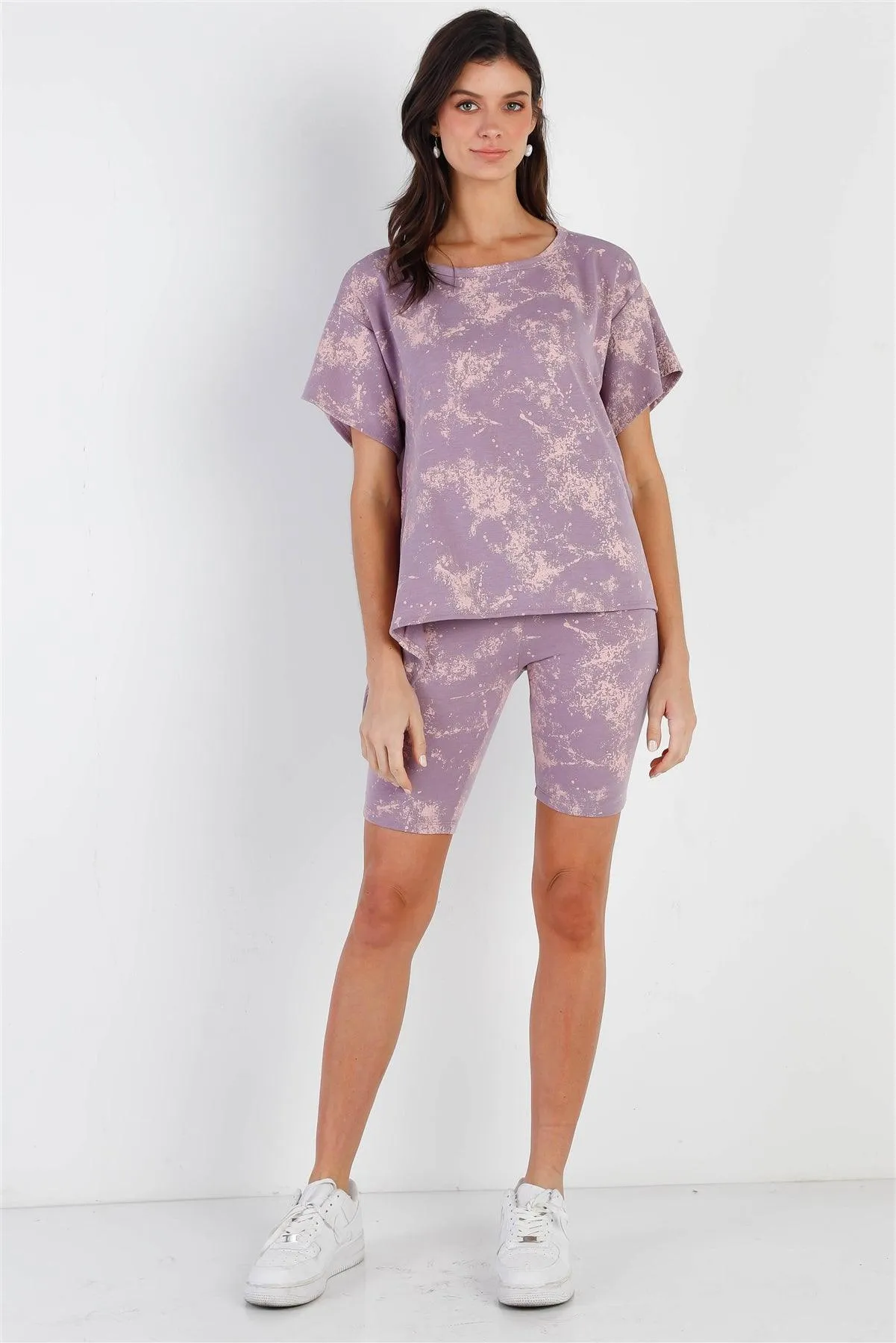 Lavender Splattered Paint Fleece Uneven Length Back Tie Detail Top & Biker Short Set /2-2-2