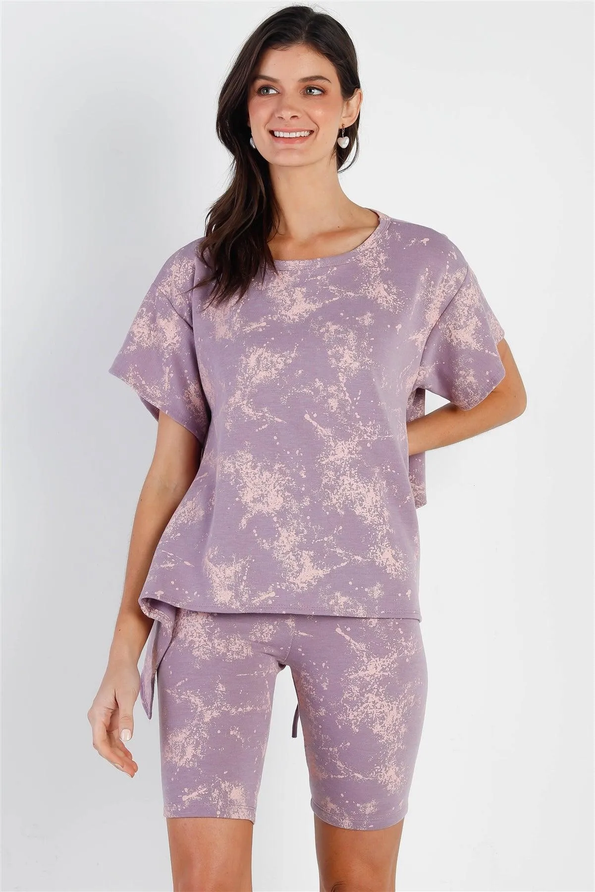 Lavender Splattered Paint Fleece Uneven Length Back Tie Detail Top & Biker Short Set /2-2-2