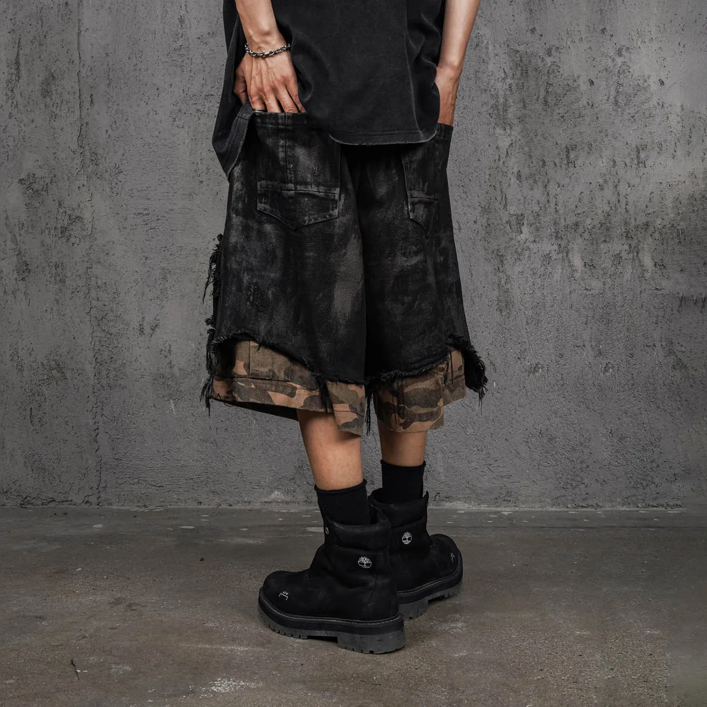 Layered Distressed Black Camo Shorts